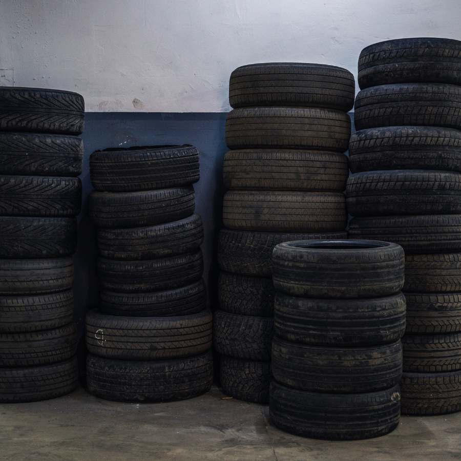Winter tires stacked at Brock Auto Centre ready for installation in Kamloops BC
