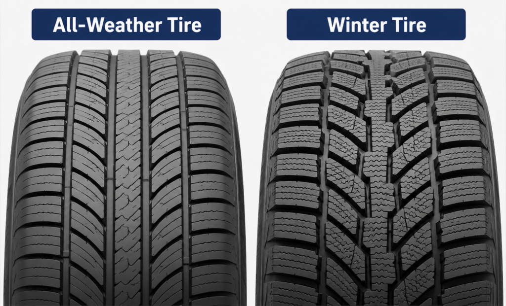 All-weather tire vs winter tire tread comparison for Kamloops drivers