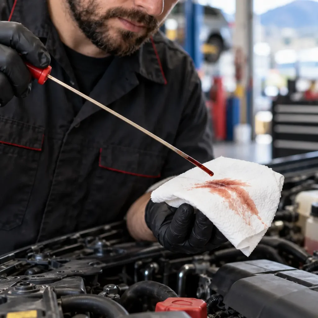 automatic transmission fluid being checked for color and condition Kamloops