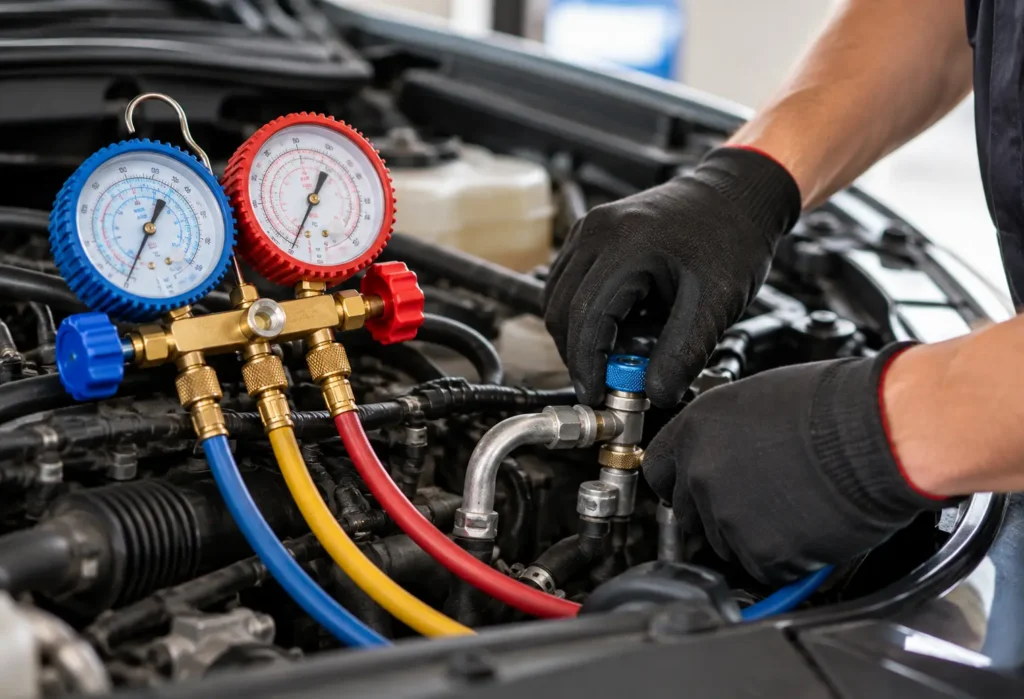 Technician replacing a car air filter at Brock Auto Centre in Kamloops